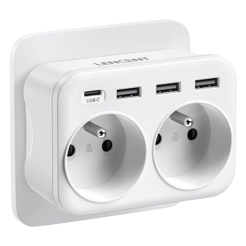 LENCENT Prise USB Secteur Chargeur, Multiprise Murale 6 en 1 avec 2 Sorties AC,1 Type C et 3 USB Multiprise duex Prise Française