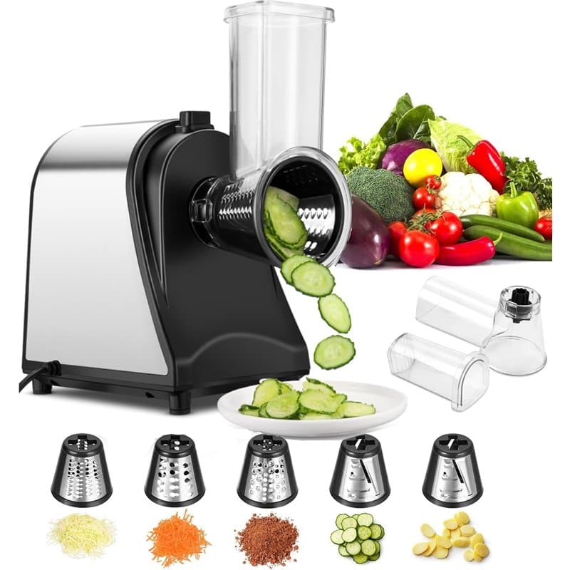 COOCHEER Coupe-légumes Électrique, 5 en 1 Râpe Multifonctionnelle Électrique, 250W Râpe et Hachoir Électriques, avec 5 Cônes en
