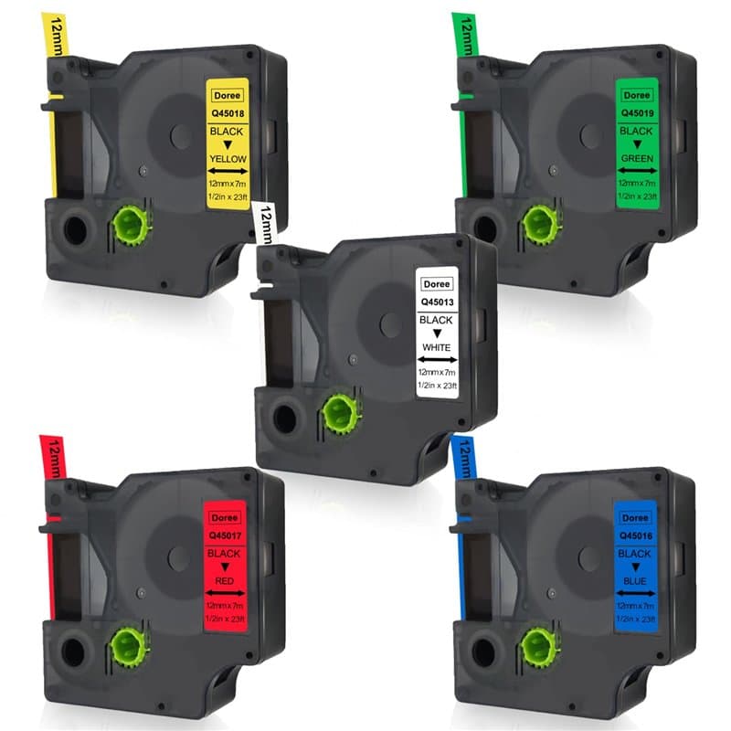 DOREE Lot de 5 rubans d'étiquettes colorés D1 45013, 45016, 45017, 45018, 45019 (blanc/bleu/rouge/jaune/vert),12 mm x 7 m, Compa