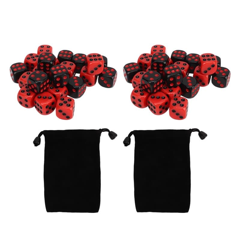 Lot de 48 Dés à 6 Faces, 15 Mm/0,6 Pouce en Plastique Noir et Rouge étanche Jeu de Dés de Jeu de Table Carré Dés avec 2 Sacs de
