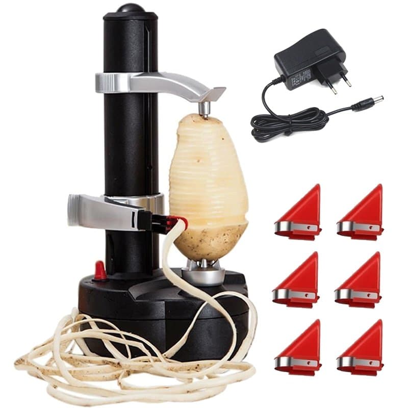 Éplucheur de Pommes de Terre Électrique, Éplucheur de Fruits et Légumes Automatique avec 6 Lames de Rechange, Adaptateur 6V Incl