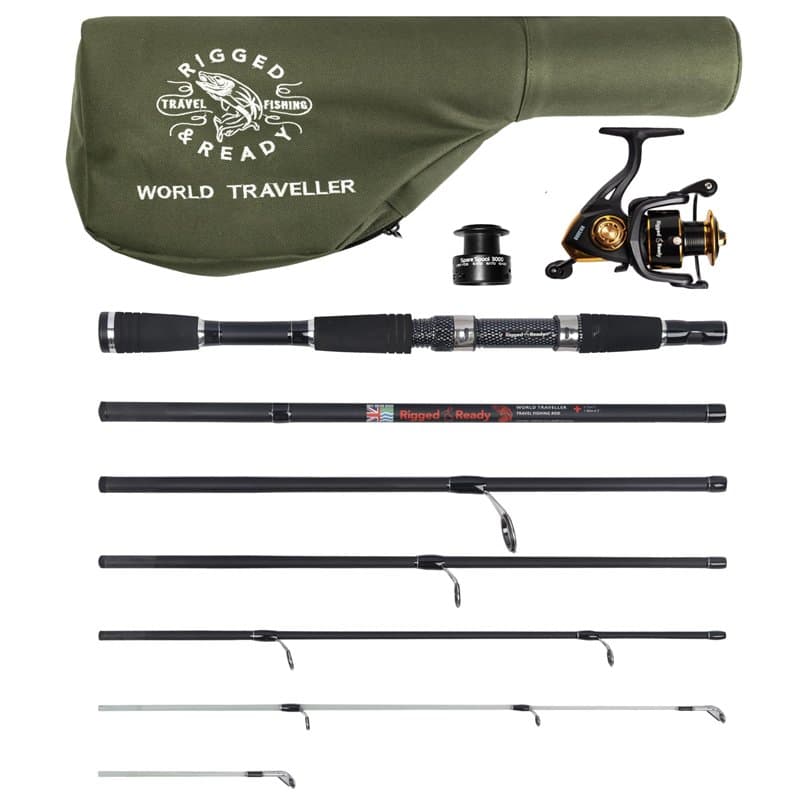 World Traveller Travel Canne à pêche Moulinet et étui Compact 6 sections 2 pointes 215 cm + 1,9 cm Nano-carbone Options de canne