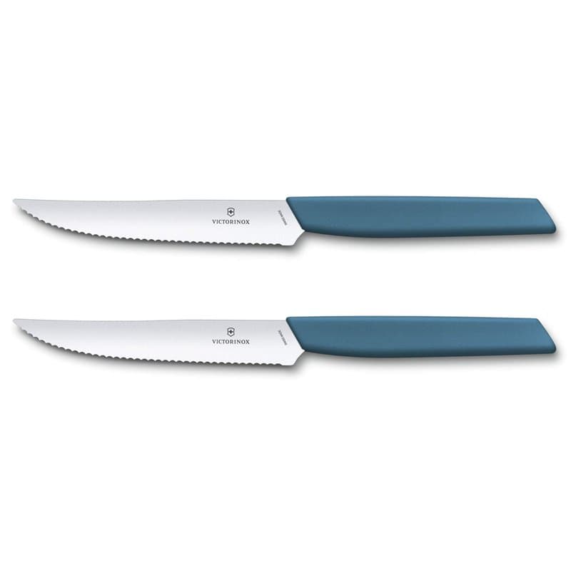 Victorinox Swiss Modern, Set de couteaux à steak professionnels, 2 pièces, lame extra-tranchante, tranchant ondulé, 12 cm, acier
