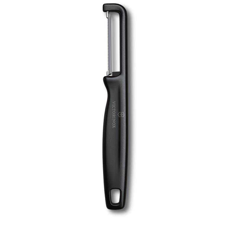 Victorinox Éplucheur Iota, Éplucheur pour Légumes, Fruits, Lame Dentelée, Double Tranchant, Extra Aiguisé, Swiss Made, Noir