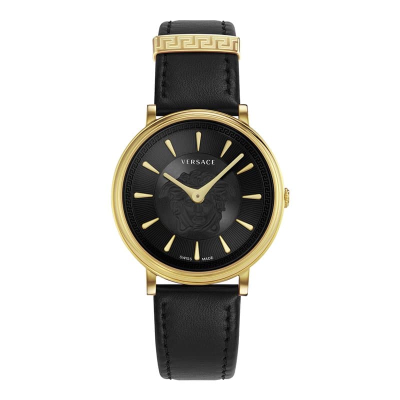 Versace Montre pour femme V-Circle VE8101919, Cadran noir, boîtier en or jaune, bracelet noir, Band lenght 17 cm (case excluded)