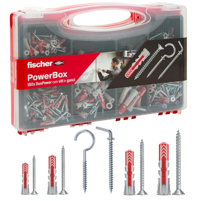 Fischer PowerBox 564282 Lot de 180 chevilles DuoPower avec vis et crochets pour mur plein, perforé et cloison sèche, 360 pièces