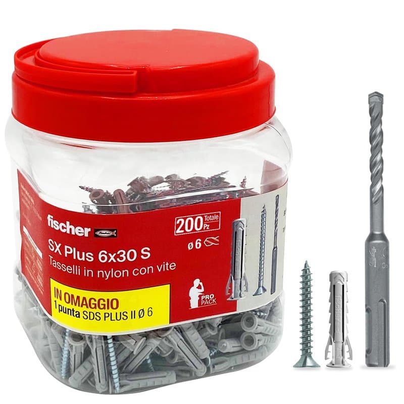 fischer Propack SX Plus 6 S, 200 chevilles 6 x 30 avec vis + foret SDS 6 mm, réutilisable, pour fixation sur béton et maçonnerie