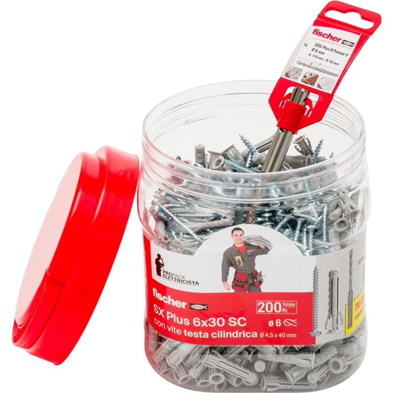 Fischer Propack Électricien SX Plus 6 x 30 SC avec 200 chevilles SX 6 x 30 + 1 embout SDS Plus Ø 6, idéal pour fixer des applica