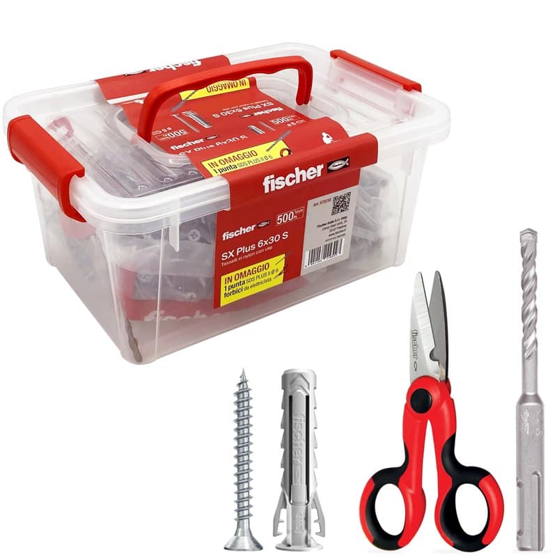 Fischer 570210 Lot de 500 chevilles SX Plus avec vis + ciseaux ergonomiques + foret SDS Plus