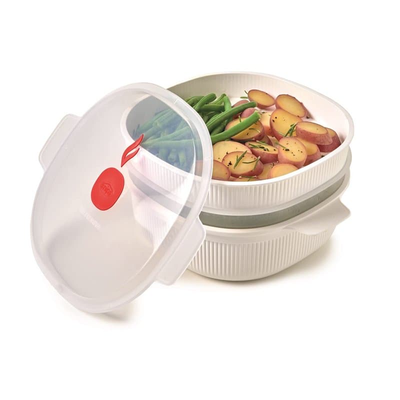 Snips, Cuiseur à Vapeur pour Micro-ondes avec 2 paniers, 4 LT, Récipient Alimentaire - 26,5 x 22 x 13,5 cm, Colore Blanche et Ro