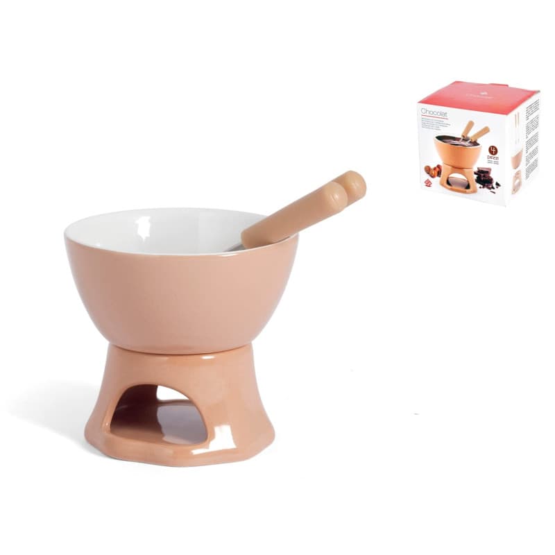 Home 8651100 Service à fondue Chocolat, Stoneware, Beige/blanc 4 pièces