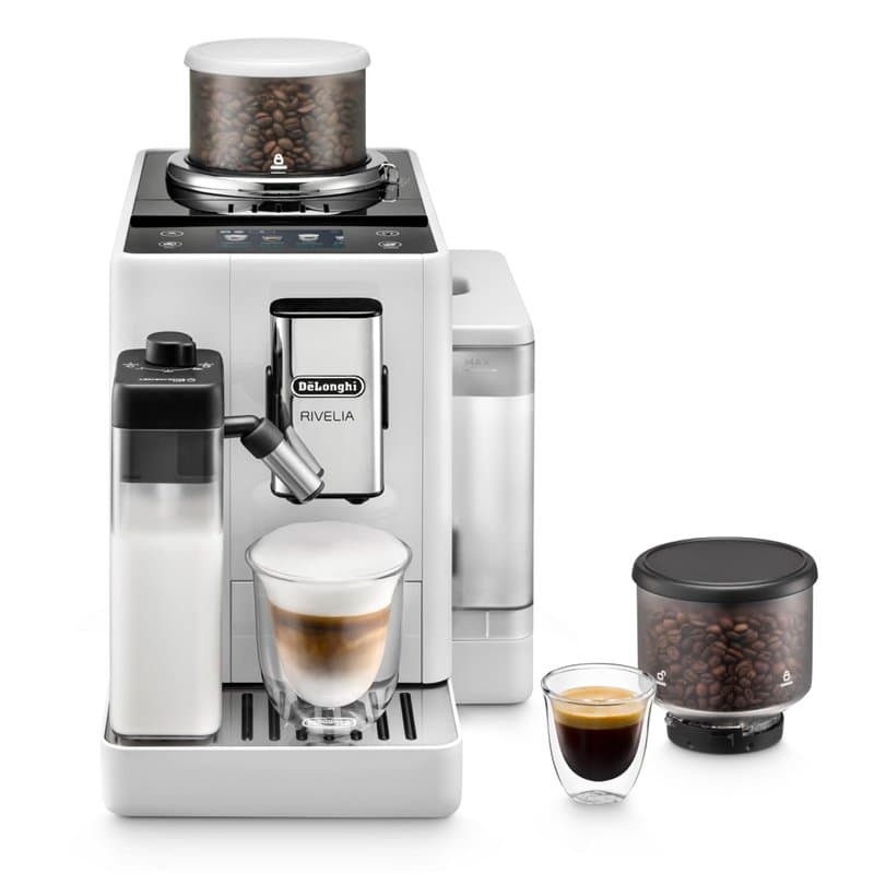De'Longhi Rivelia EXAM440.55.W, Machine À Café Grain Automatique, Grains Fraîchement Moulus, Bac à Grains Interchangeable, Caraf