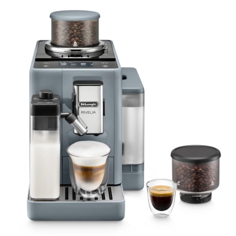 De'Longhi Rivelia EXAM440.55.G, Machine À Café Grain Automatique, Grains Fraîchement Moulus, Bac à Grains Interchangeable, Caraf