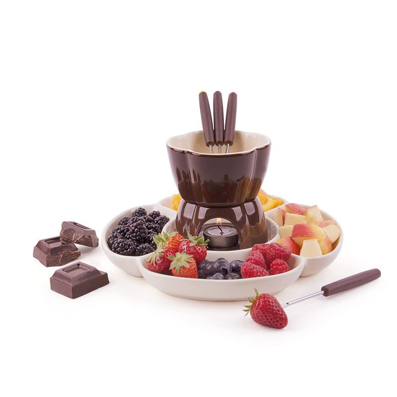 Excelsa Chocolate Service à Fondue au Chocolat avec Assiettes, 8 pièces, céramique, crème/Marron, Manche Marron, 25 x 25 x 12 cm