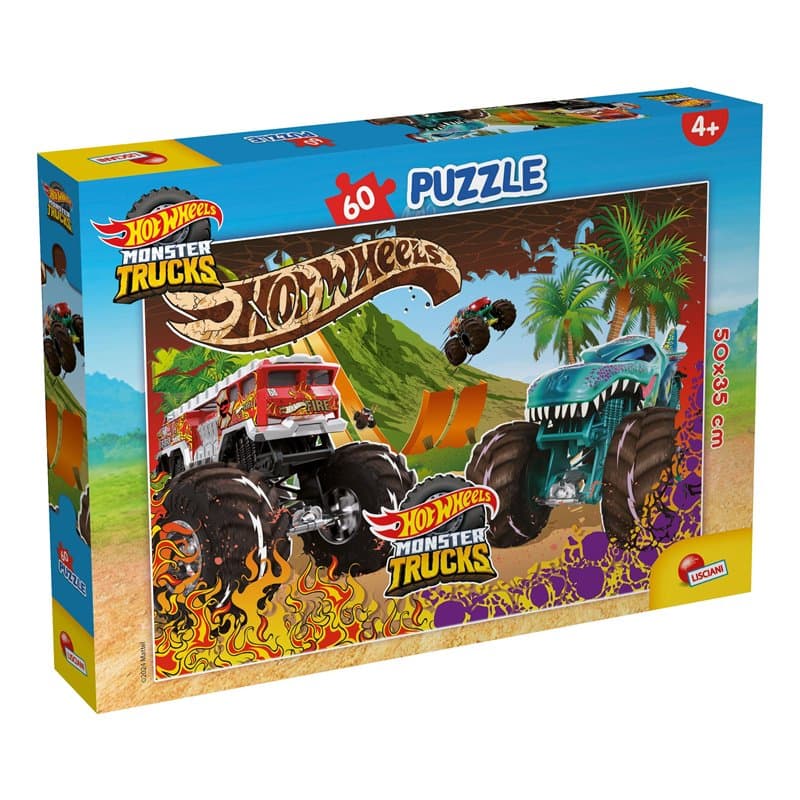Lisciani - HOT WHEELS Puzzle - 60 Pièces - Pour Enfants dès 4 ans - 35x50cm - Puzzle Monster Trucks avec Cascades Audacieuses -