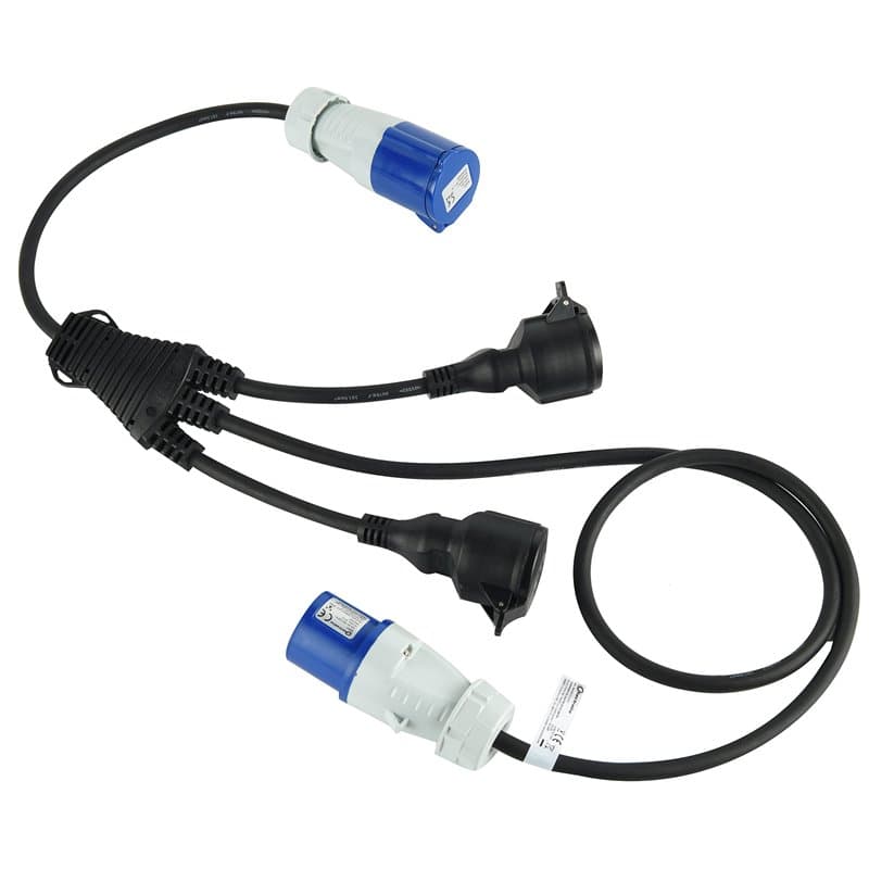 Electraline 46152 Câble d'alimentation pour caravane, Splitter à 3 voies avec 2 prises Schuko + 1 prise CEE, Fiche CEE pour usag