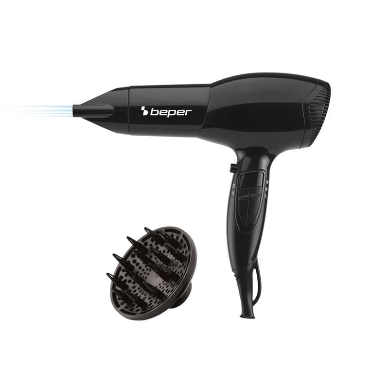 BEPER 40.979 Sèche-cheveux 2000 Watt, Diffuseur et Concentrateur inclus, Poignée antidérapante, Noir