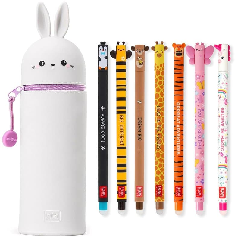 LEGAMI - Lot de 7 stylos gel effaçables + trousse 2 en 1 – avec encre effaçable thermosensible, couleurs d'encre et motifs de ba