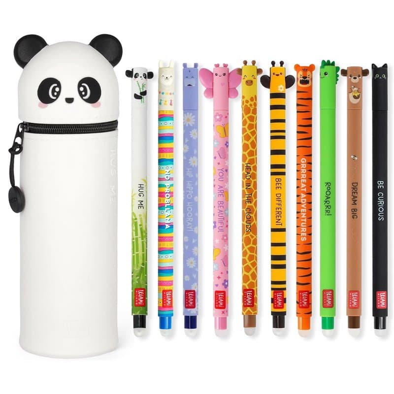 LEGAMI - Lot de 10 stylos gel effaçables + trousse panda 2 en 1 – avec encre effaçable thermosensible, gamme de couleurs d'encre