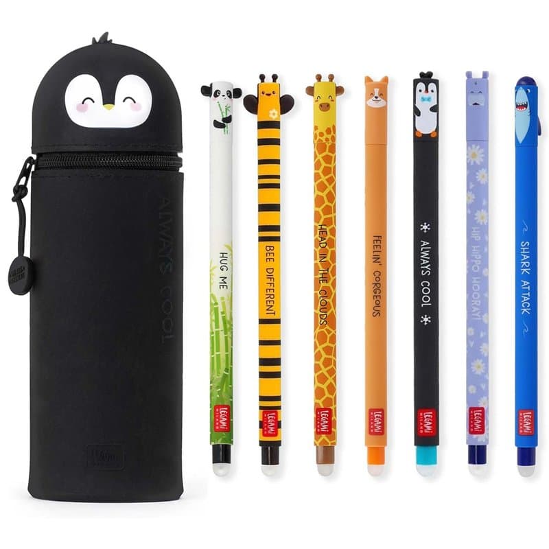 LEGAMI - Lot de 7 stylos gel effaçables + trousse Pingouin 2 en 1 – avec encre effaçable thermosensible, gamme de couleurs d'enc