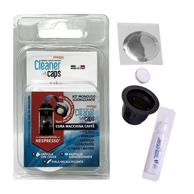 CleanerCaps Nettoyage machine à café, kit double action – Compatible avec Nespresso – Capsule nettoyant et détartrant liquide –