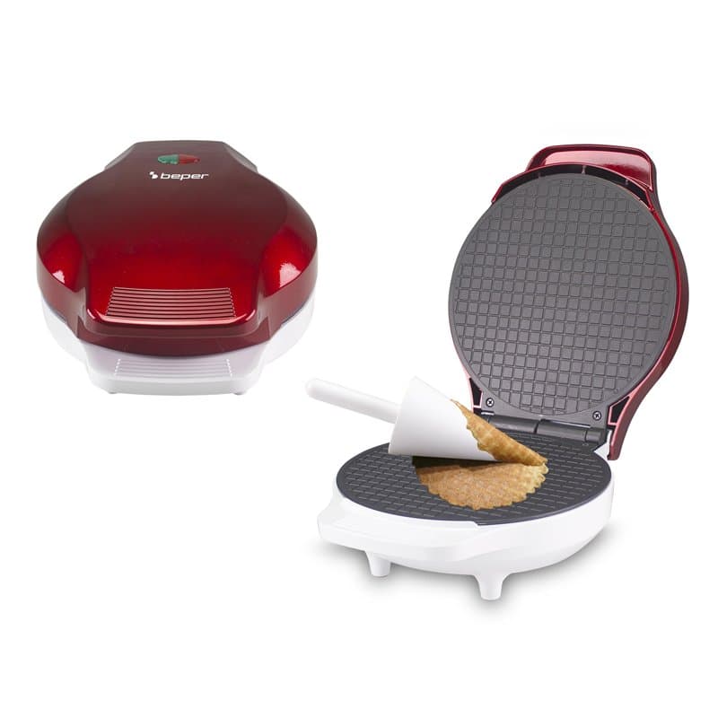 BEPER P101CUD002 Gaufrier électrique, 1000 W, Gaufrier pour cônes 18 cm, Poignée isolante, Accessoires pour cônes inclus, Blanc/