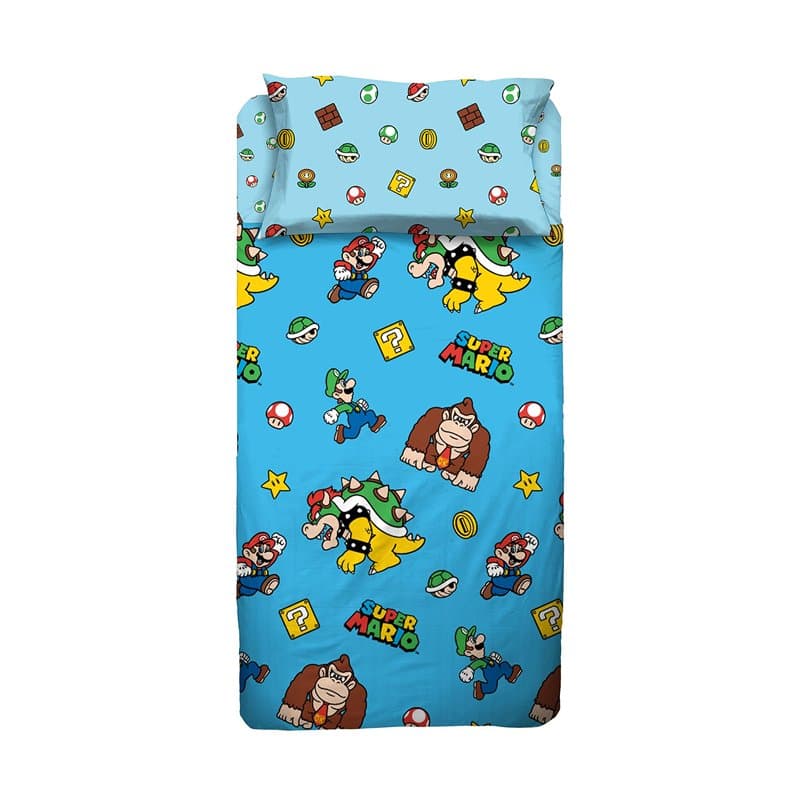 Super Mario, Parure de lit 1 Place, taie d'oreiller, Drap Plat, 100% Coton, Bleu Clair
