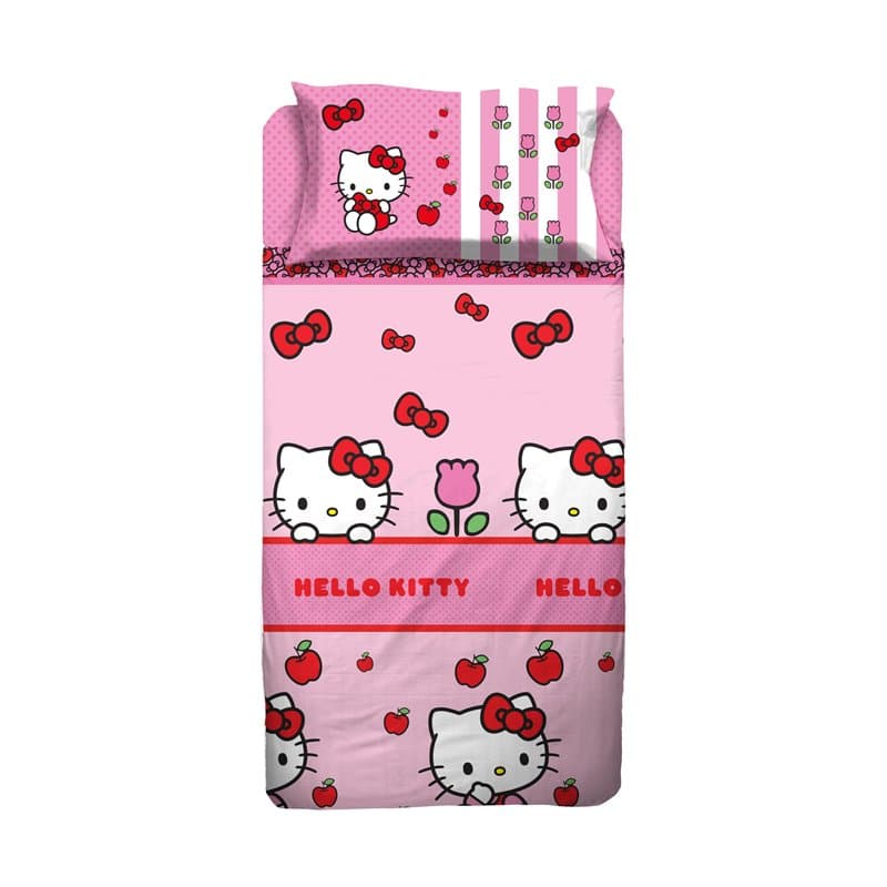 hermet Hello Kitty Parure de lit 1 Place, Drap Plat, Drap Plat, taie d'oreiller, Rose, 100% Coton, Produit Officiel