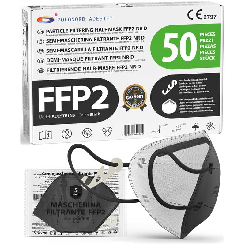 ADESTE – 50 Masques FFP2 Noirs Certifiés CE, approvisionnement contrôlé, élastiques confortables, hypoallergéniques et réglables