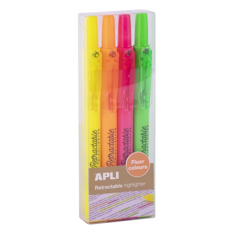 Apli 18932 – Lot de 4 surligneurs fluos rétractables à pointe biseautée - Feutres couleurs fluos