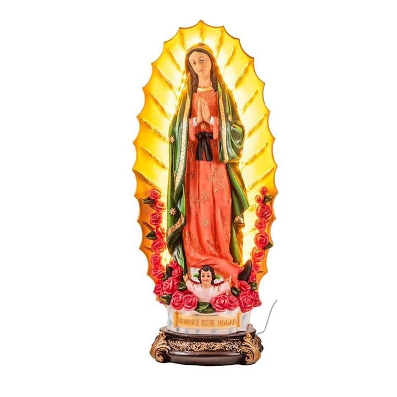 DRW Figurine Vierge de Guadeloupe avec Couronne Lumineuse en résine Peinte à la Main 20 x 20 x 62 cm