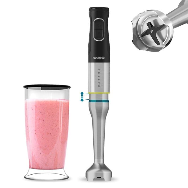 Cecotec Katana TotalDestroy 1200XL BL Hand Blender, 1200 W, 21 vitesses et Turbo, 4 lames en titane noir, capot anti-éclaboussur