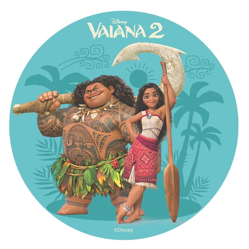 Dekora, Vaiana 2 Disque Azyme, Décoration Comestible pour Gâteau d'Anniversaire, Moana & Maui Rond Cake Topper 20 CM