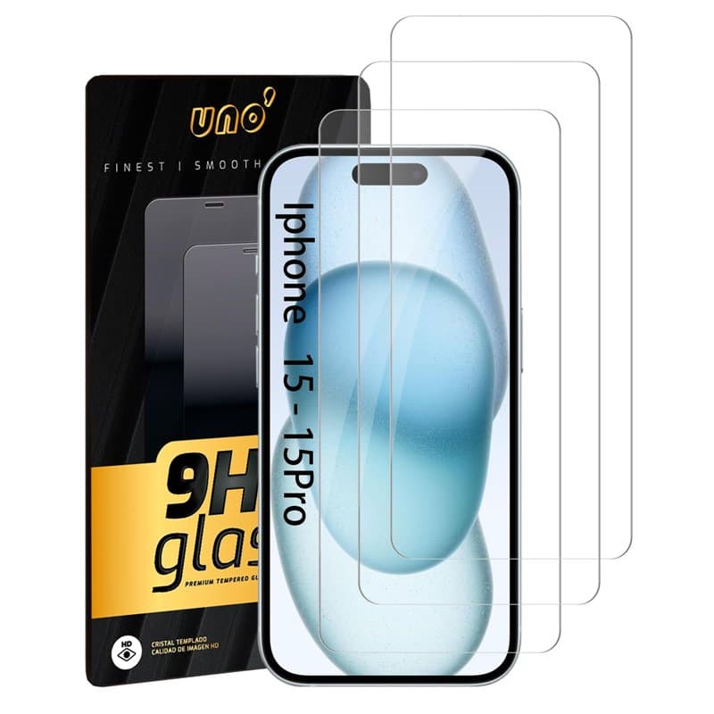 UNO' - Lot de 3 films de protection d'écran en verre trempé pour iPhone 15 et iPhone 15 Pro (6,1"), en verre trempé ultra résist