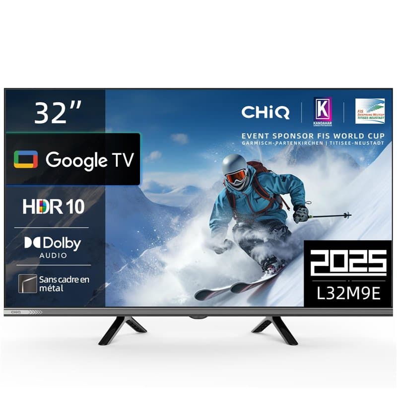 CHiQ L32M9E Téléviseur Smart 32 Pouces (80 cm), HDR10, Google TV, Tuner Triple, Dolby Audio, DBX-TV, HDMI, USB, sans Cadre en mé