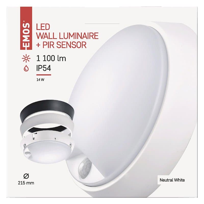 Emos Applique murale et plafonnier LED avec détecteur de mouvement rond IP54 étanche 14 W pour balcon, cave, garage, extérieur,