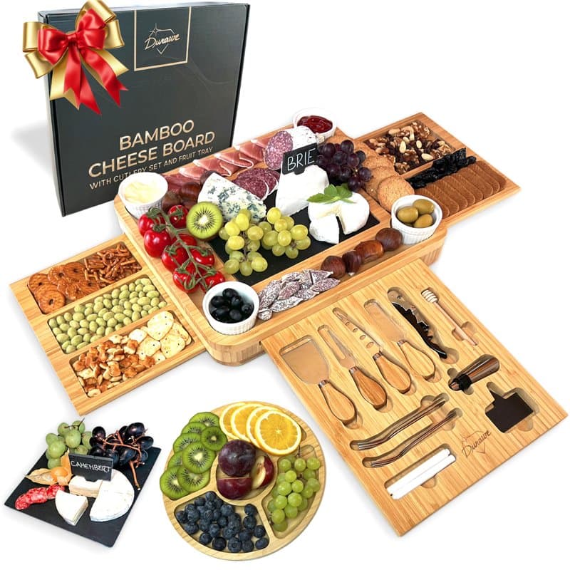 Plateau à Fromage en Bambou, Set de Couteaux, Bols en Céramique et Ouvre-vin - Plateau Charcuterie Bois, Choix Parfait pour Gour