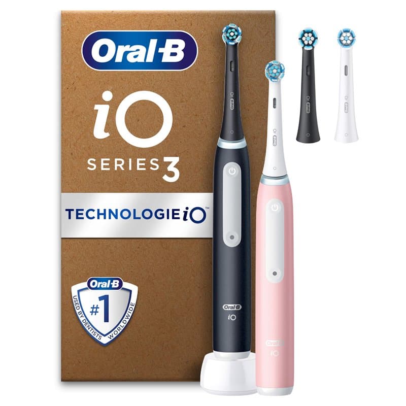 Oral-B iO3 Brosses À Dents Électriques, Noire et Rose, Avec Le Capteur De Pression Pour Protéger Les Gencives, Lot De 2 Avec Des