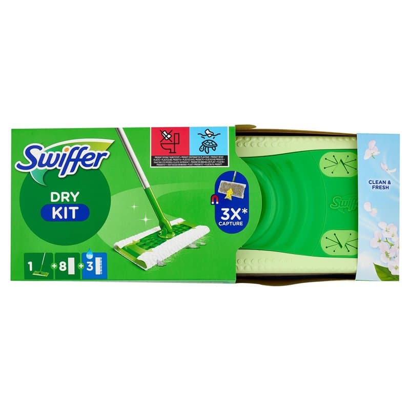 Swiffer Balai Attrape-Poussière, Kit De Démarrage, Lingettes Sèches Et Lingettes Imprégnées Pour Le Parquet Inclut : 1 Balai, 8