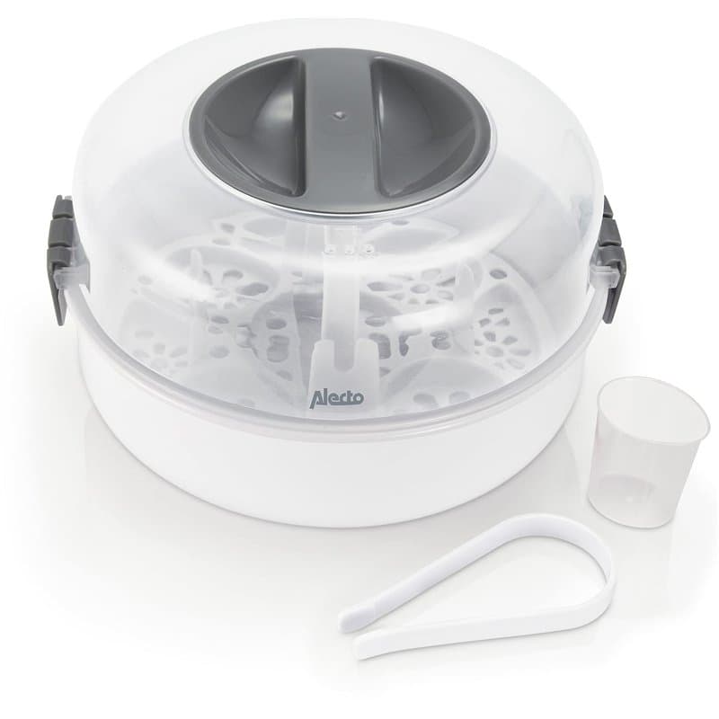 Alecto Stérilisateur à micro-ondes BW-04 pour jusqu'à 4 biberons de 150 ml, tire-lait, pots, tasses et couverts - Avec pince à b