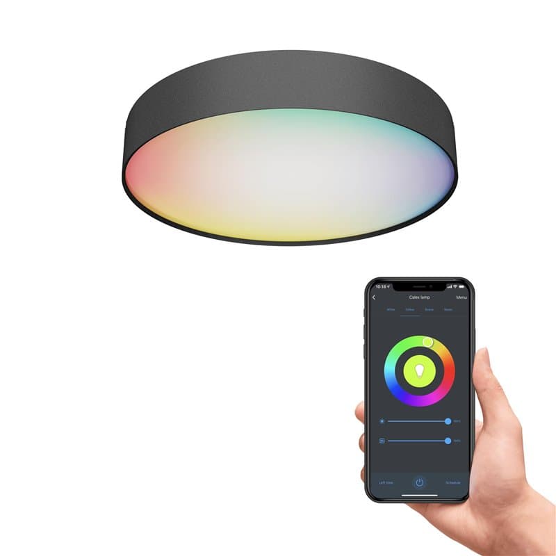 CALEX Plafonnier Connecté LED 30cm Tissu Noir, 16W 1500lm, Alexa/Google/Siri, Blancs 3000-6500K, dimmable, musique, scénarios, s
