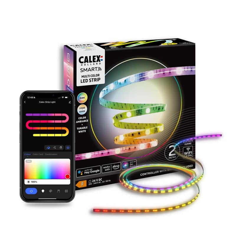 Calex Smart Ruban LED connecté, 200 CM, RGBIC+CCT, Contrôle via App, Synchronisation Musicale, Intérieur, 700 Lumens, 12W/24W -