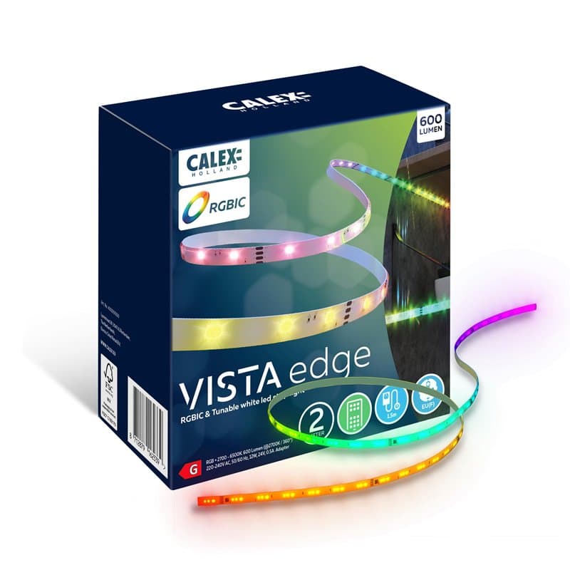 CALEX Vista Ruban LED, 2M, RGBIC + Blanc, 600 Lumens, Intérieur, 12W, 2700-6500K, Synchronisation Musicale, Contrôle Manuel
