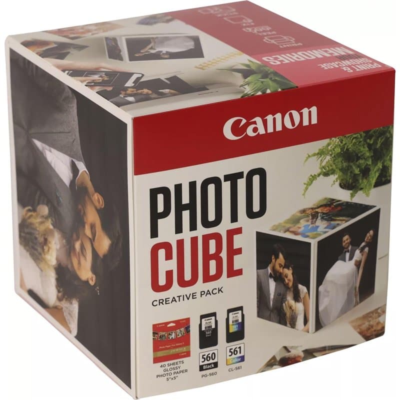 Canon Photo Cube Creative Pack, Pink - PG-560/CL-561 Ink with PP-201 Glossy Photo Paper 5x5 (40 Sheets) + Photo Frame - Compatib