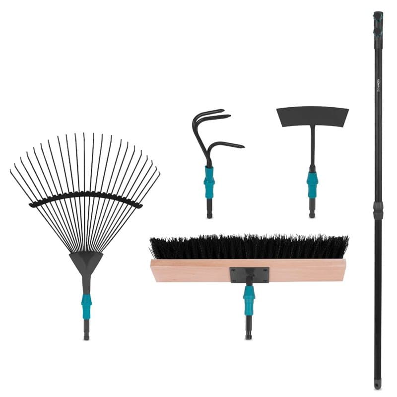 VONROC Kit d'Outils de Jardin 4 en 1 - Système Vfix - Ensemble Outils Jardinage - Feuillage, Balai, Houe et Cultivateur - pour E