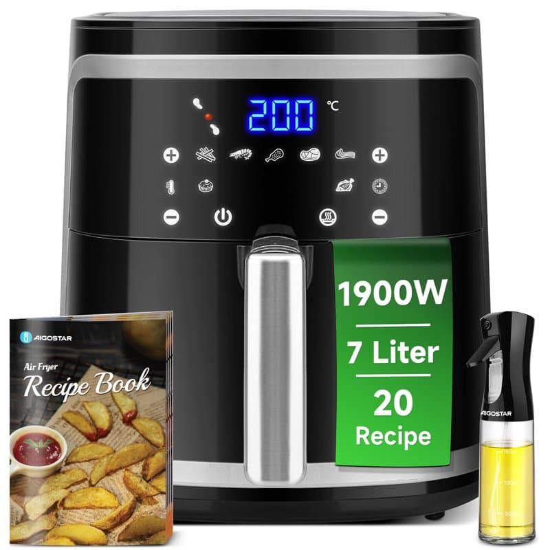 Aigostar Friteuse à air sans huile de 7L, XXL, Jusqu'à 10 personnes, 1900W. 7 Programmes automatiques, Air Fryer, Ecran tactile