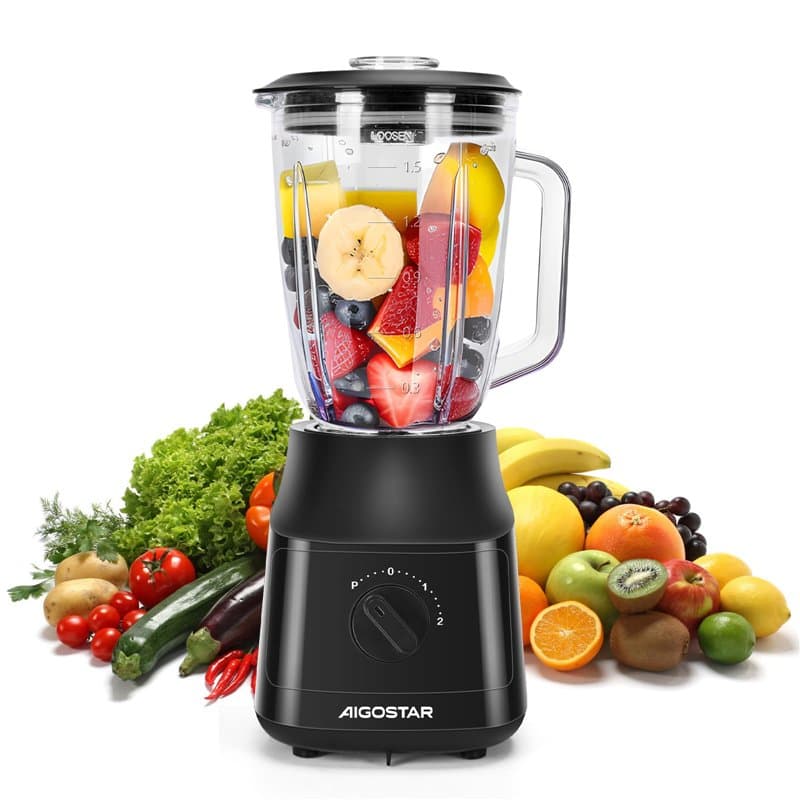 Aigostar Swift - Blender Mixeur, Bol Verre 1.5 L, avec 4 Lames en Revêtement en Titane, Puissance 800 W, 2 Vitesses + Fonction P