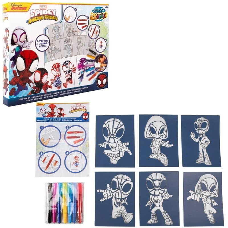 Disney - Marvel - Spidey - Spray Pen Set (SP22364) - Kit de Stylos Pulvérisateurs pour Colorier et Dessiner - 7 Stylos et 6 Poch