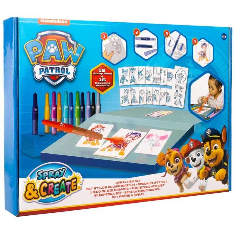 Paw Patrol - Spray Pen Set Deluxe (PW22368) - Kit de Stylos Pulvérisateurs pour Colorier et Dessiner - 12 Stylos et 16 Pochoirs