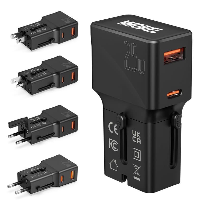 Adaptateur de Voyage Universel 25W – MMOBIEL – Prise Internationale avec Connecteur Mâle – 1x USB-C (25W) + 1x USB-A (18W) – pou